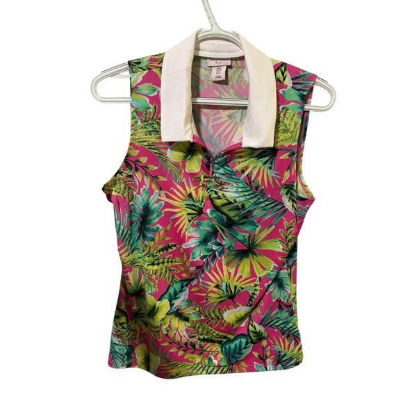 Tommy Bahama Tops - Tommy Bahama Golf Size Medium Pink Tropical Floral Sleeveless Quarter Zip Polo